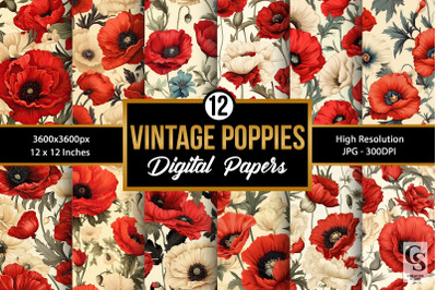 Vintage Poppy Flowers Pattern Digital Papers