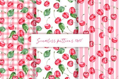 Cherry watercolor seamless patterns