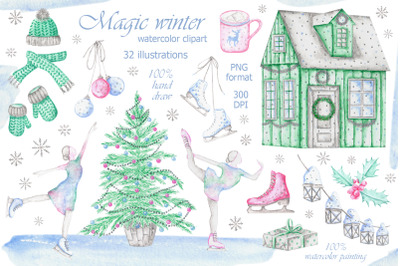 Magic winter watercolor clipart. Christmas, New Year.