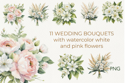 A set with watercolor wedding bouquets. Eco-wedding.