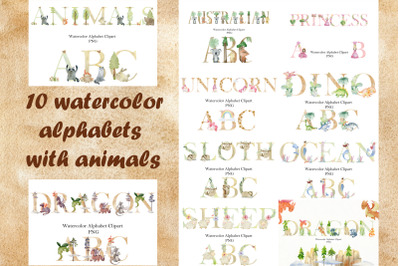 10 alphabets with watercolor animals.