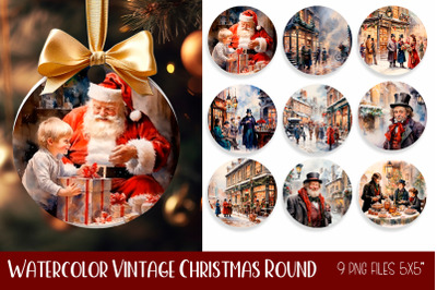 Watercolor Vintage Christmas Round. Ornaments Sublimation