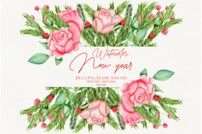 New year, Christmas watercolor roses frame, wreath hand drawn