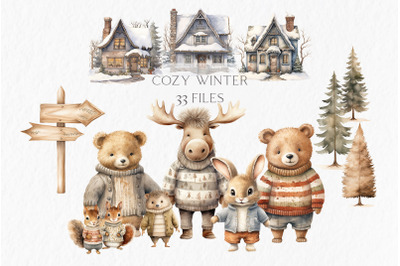 Winter woodland animals clipart PNG