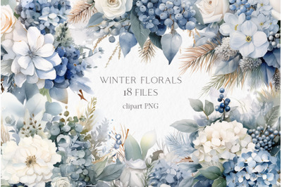 Dusty blue flowers winter clipart PNG