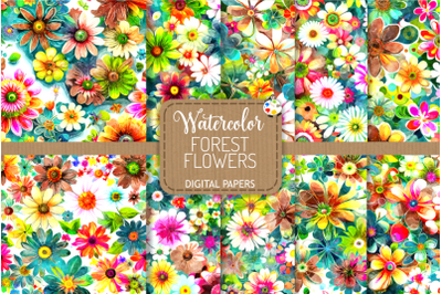 Watercolor Forest Flowers - Digital Pattern Papers
