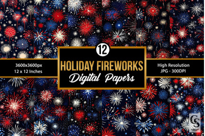 Red and Blue Holiday Fireworks Seamless Patterns