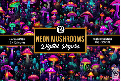Neon Mushrooms Seamless Patterns Background