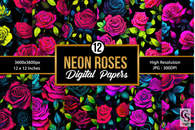Neon Rose Flowers Seamless Patterns
