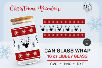 Reindeer SVG, 16oz can glass, Christmas svg, snowflake svg