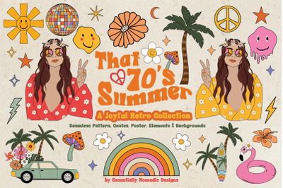 70s Retro Summer Clipart &amp; Pattern Collection