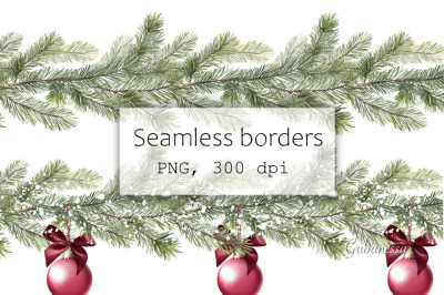 Christmas tree garland clipart 2. Seamless fir borders PNG.