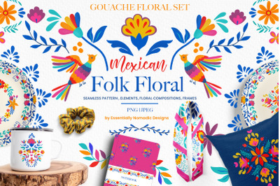 Gouache Watercolor Mexican Folk Floral Pattern Clipart Set