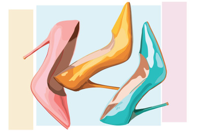 Women&#039;s shoes with heels, blue, yellow and pink color