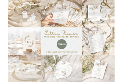 Cotton Flower Wedding Invitation Bundle Canva Template