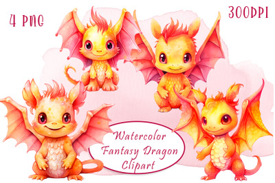 Watercolor colorful fantasy fire dragon clipart