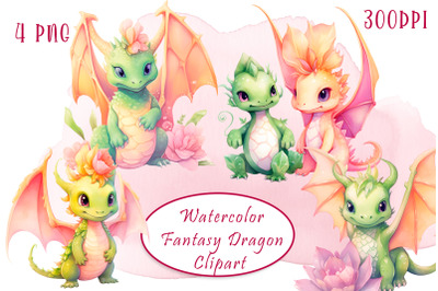 Watercolor colorful fantasy flowers dragons clipart