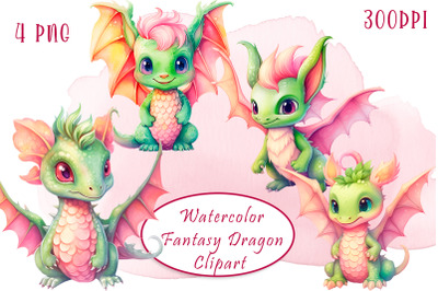 Watercolor colorful fantasy rainbow dragons clipart