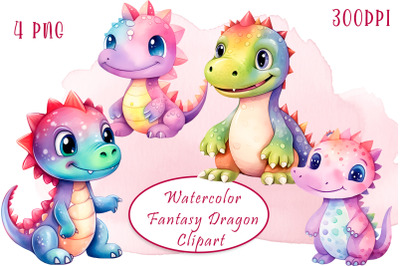 Watercolor colorful fantasy rainbow dragons clipart