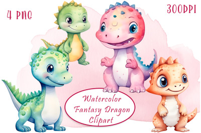 Watercolor colorful fantasy rainbow dragons clipart