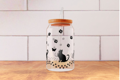 Cats Perfect for SVG 16oz Glass Can Wrap, Cat Paws Tumbler Wrap.