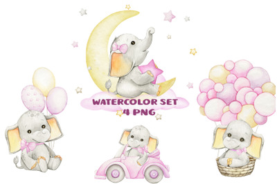Watercolor elephant Clipart for Girl, Watercolor Cute Pink Baby Shower