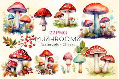 Watercolor Mushrooms Clipart Bundle