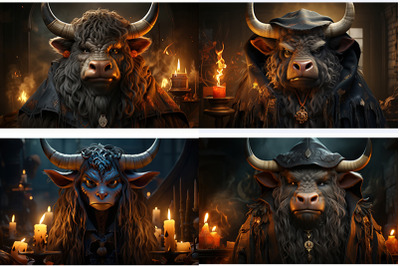there is a bull with horns and a candle in the dark
