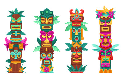 Mask totem poles. Traditional tribal sculptures, island tiki gods face