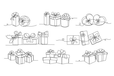 Continuous one line gifts. Gifting boxes for Christmas holiday and bir