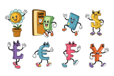 Cartoon finance mascots. Dollar and euro signs, cash back, deposit coi