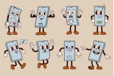 Cartoon mobile phone mascot. Powerful charged smartphone, broken scree