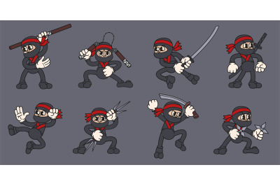 Cartoon ninja mascot. Cute Asian warrior in fighting poses with katana