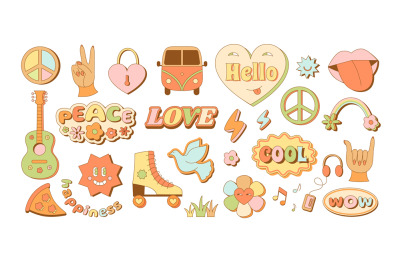 Retro hippie emblem templates. Cute funky hipster stickers&2C; 90s peace