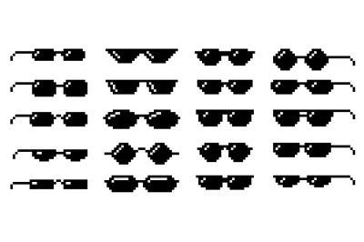 Black glasses pixel art icons. Boss sunglasses, 8 bit spectacles and s