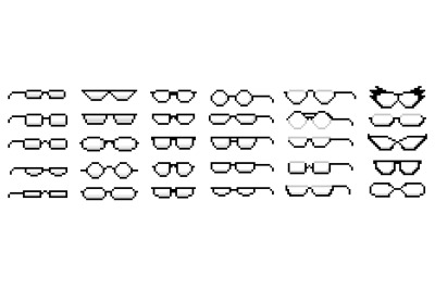 Pixel art transparent glasses. Nerd eyeglasses pixelated icons, glasse