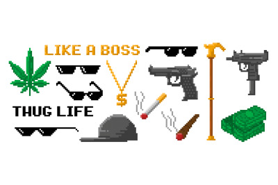 Pixel art gangsta rap accessories. Hip hop rapper pixelated sunglasses