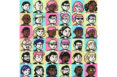 Pixel art portrait userpic icons. 8 bit people faces, young pixelated