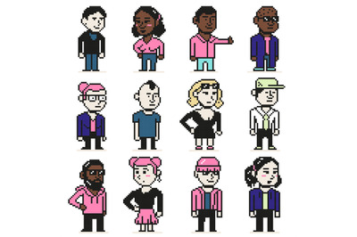 Pixel art characters. Chibi 8 bit people, pixelated video game person