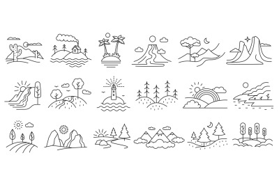 Line art landscapes. Nature terrain, traveling and hiking locations ou