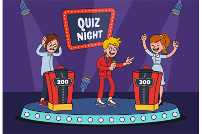 Cartoon TV quiz game. Erudite show host congratulates winner for right