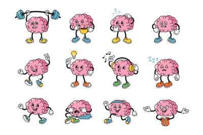 Cartoon human brains mascot. Strong memory brain character has idea, m