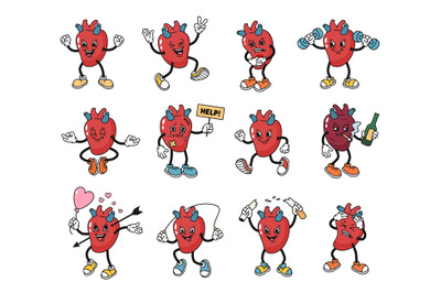 Cartoon human heart mascot. Damaged and discomfort heart character, he