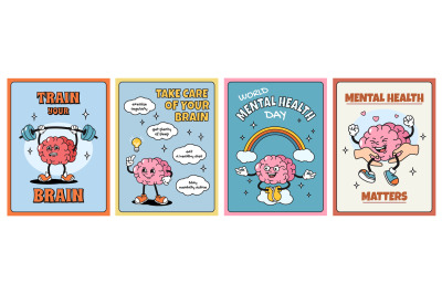 Mental health posters. Take care and train brain, world mental health