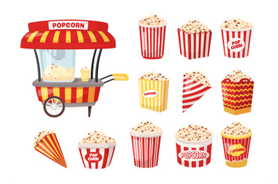 Cartoon popcorn machine and boxes. Movie food store popcorn stand with