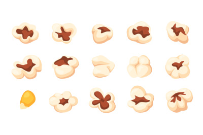 Cartoon popcorn shapes. Cinema snacks, doodle popping corn and various