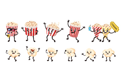 Cartoon popcorn mascot. Funny popping corn and popcorn bucket characte