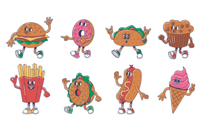 Cartoon fast food mascot. Cheerful burger&2C; mexican taco&2C; sweet donut a