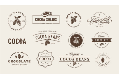 Cocoa emblem. Vintage cocoa bean labels, artisanal chocolate gourmet b