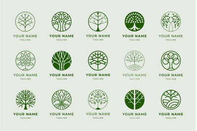 Circle tree of life emblem. Grow plant, circular tree with roots and l